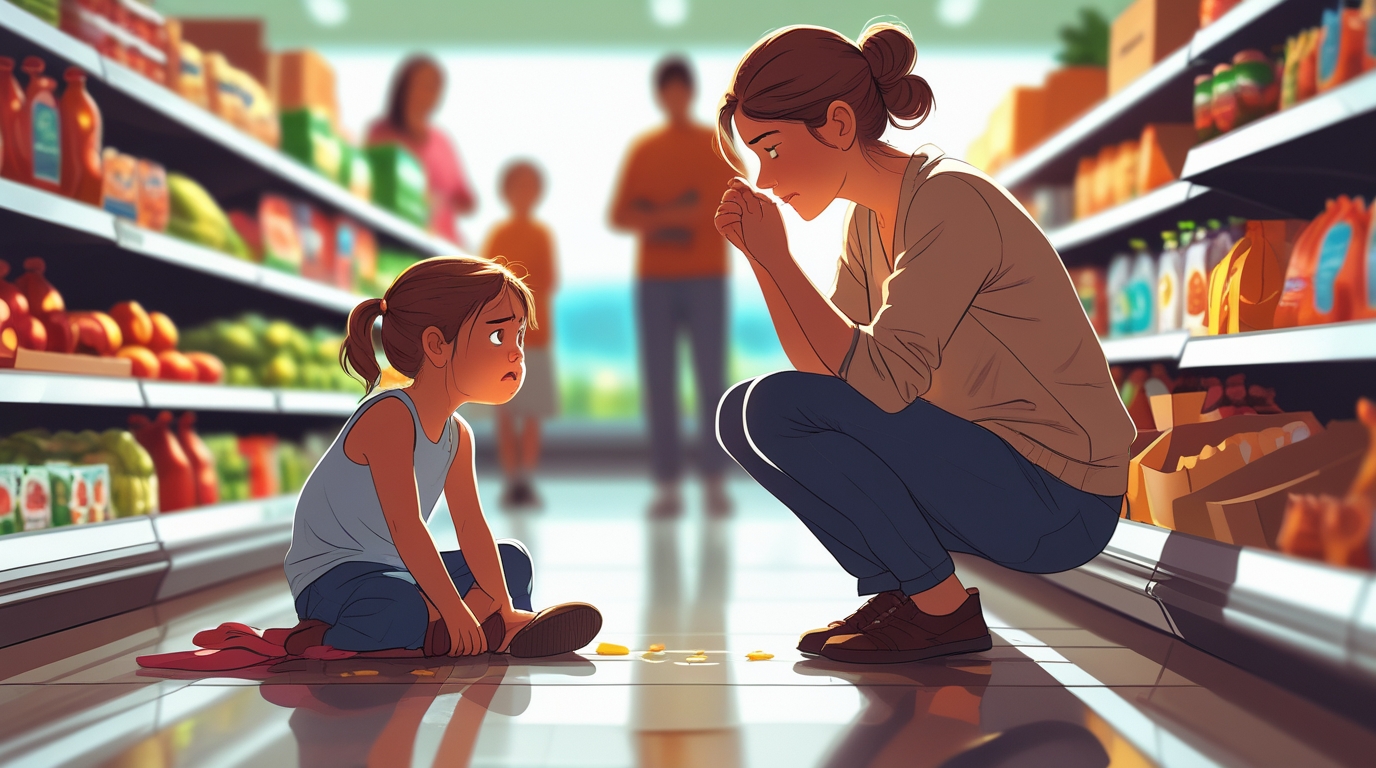 parent calmly kneeling beside a young child in a grocery store aisle