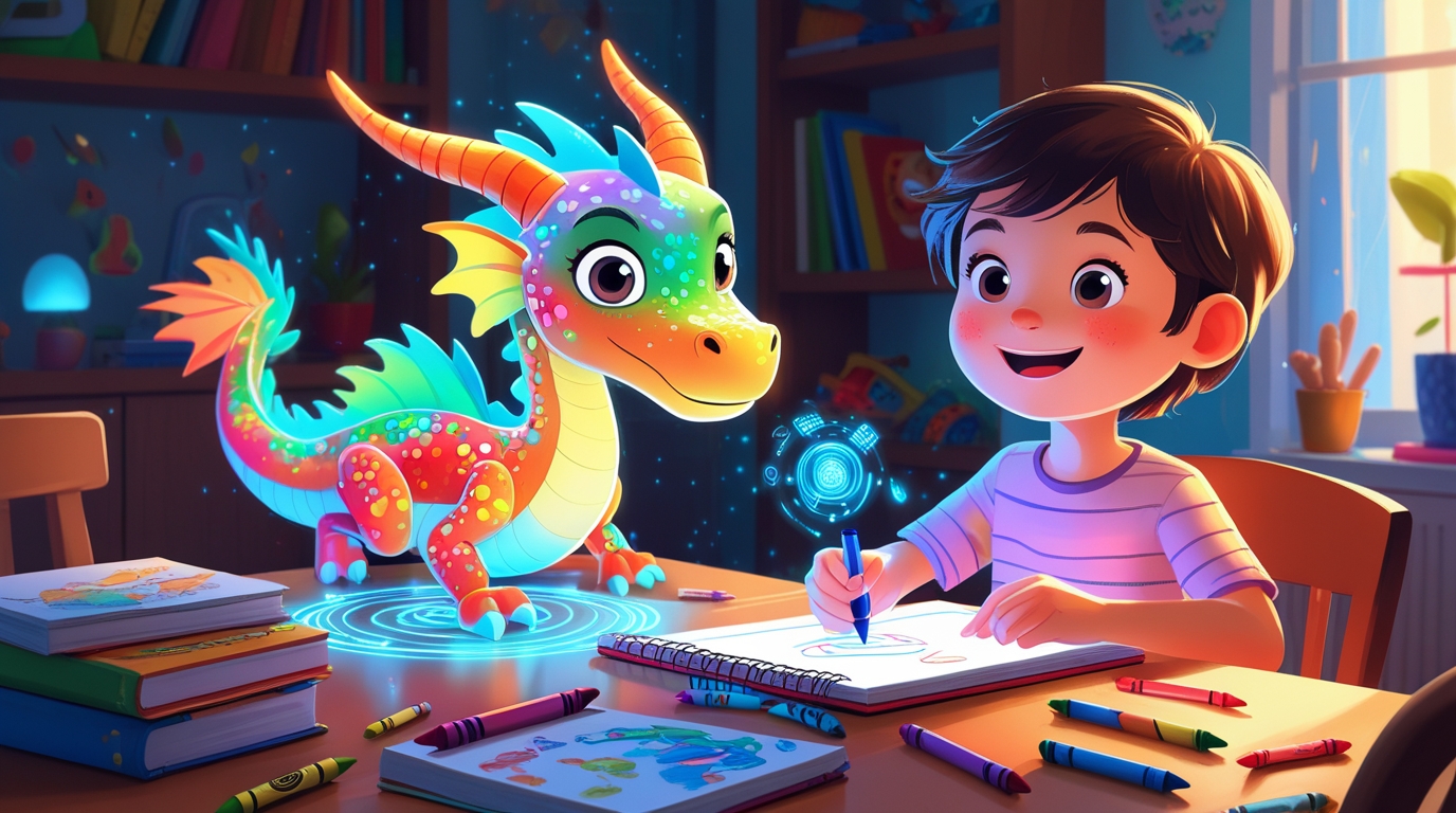 The child is joyful and curious, the AI appears friendly and futuristic, blending seamlessly into the family environment.