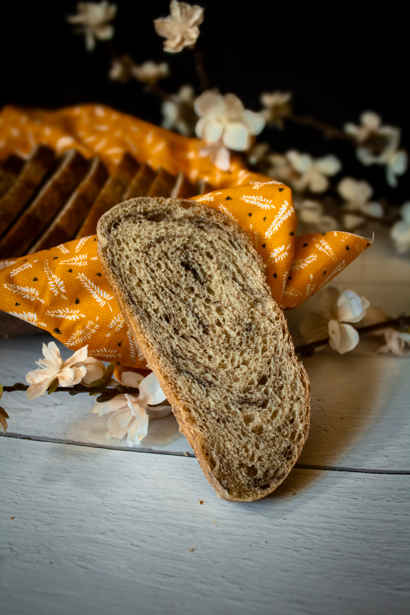 A slice of Sourdough Marbled Rye 