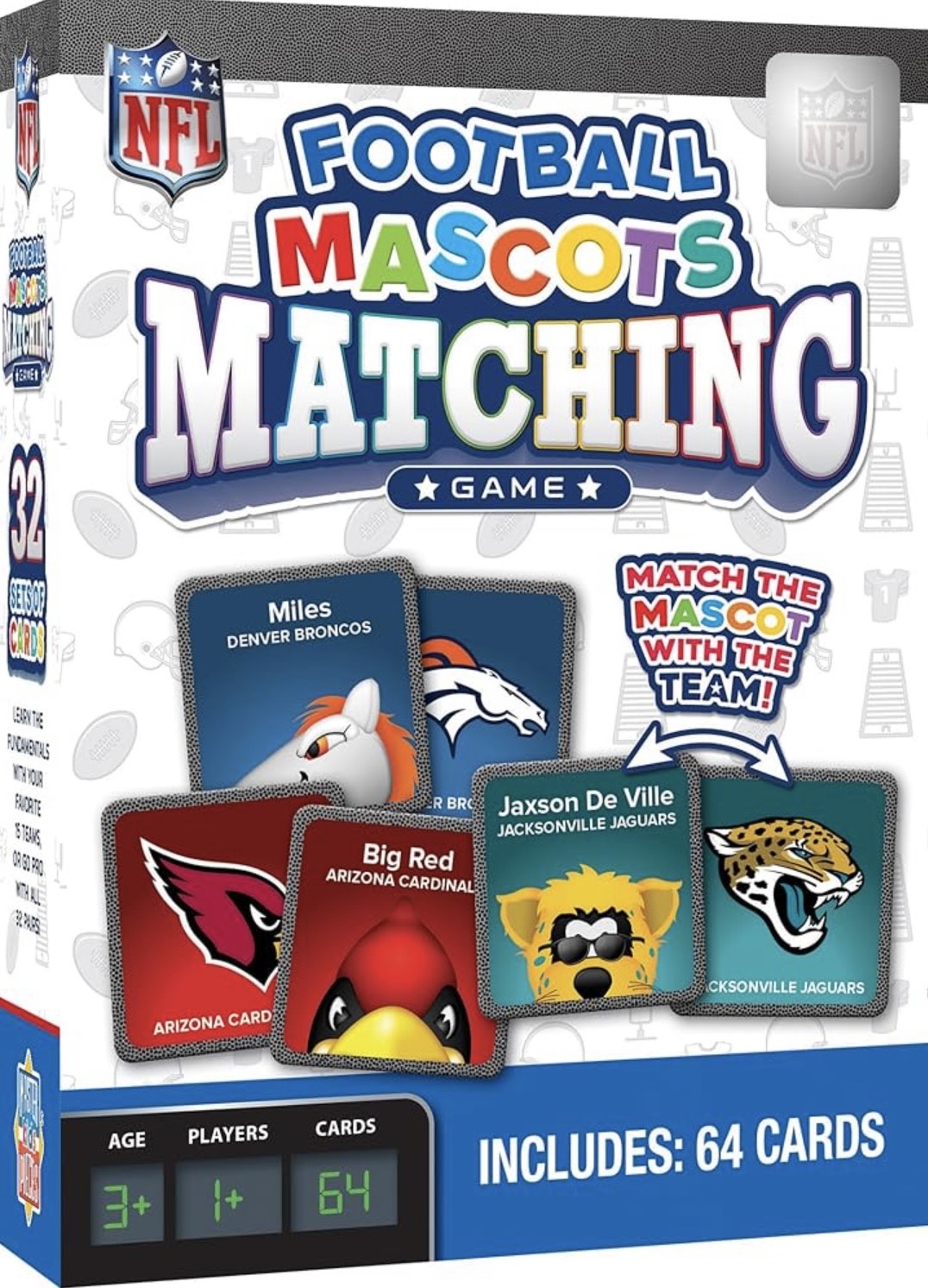 MasterPieces NFL Mascots Matching Game for kids and family, featuring durable, officially licensed NFL team symbols for hours of fun and memory testing. MasterPieces NFL Mascots Matching Game for kids and family, featuring durable, officially licensed NFL team symbols for hours of fun and memory testing.