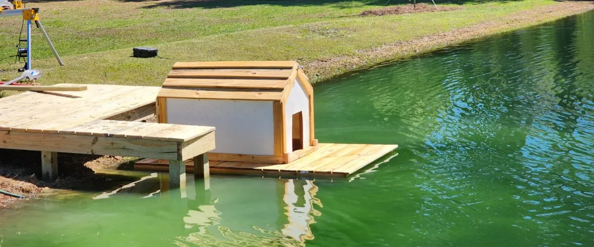 A floating dock with a small wooden house on the water, creating a unique waterfront retreat.