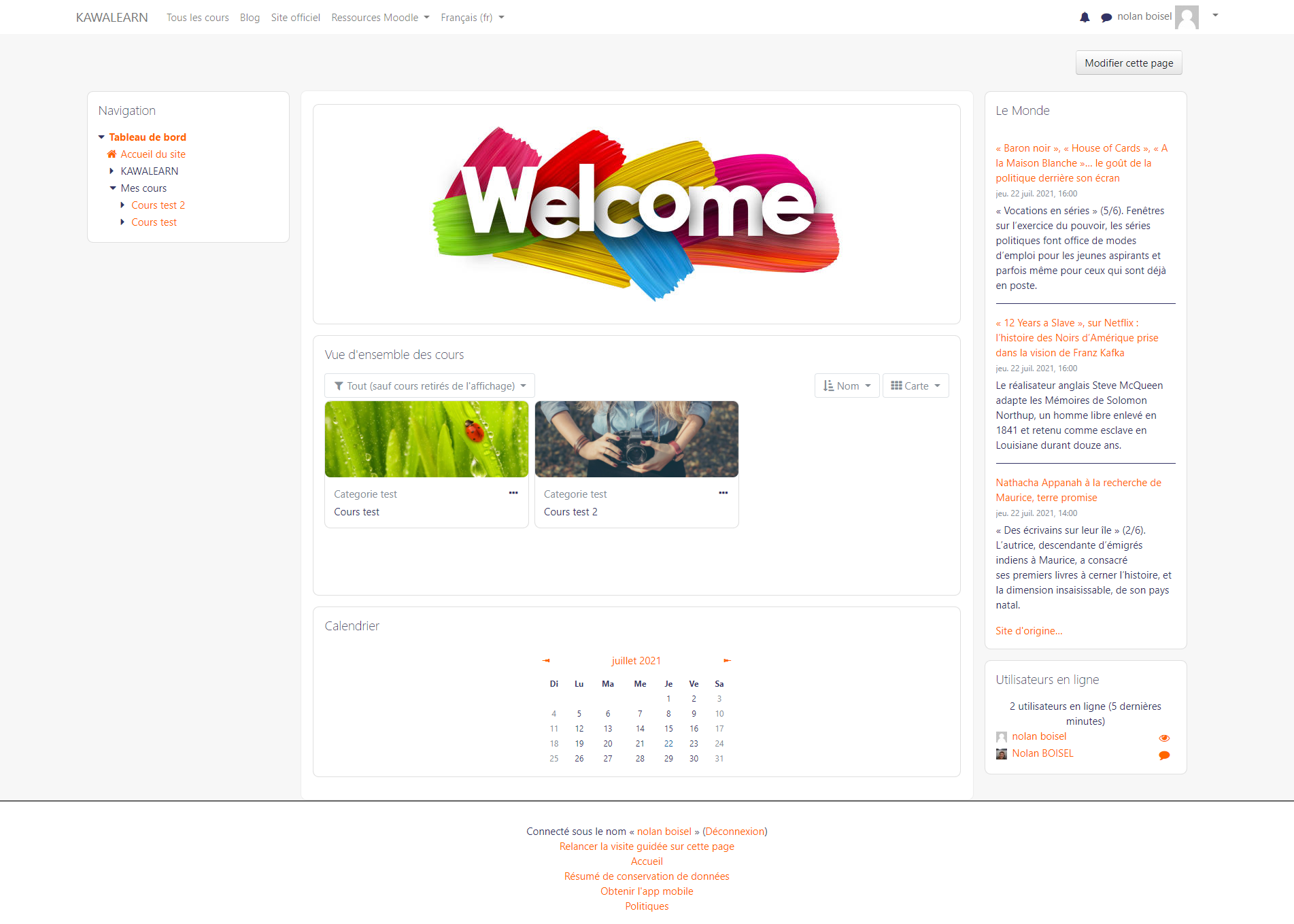Capture d'écran du tableau de bord du Moodle de Kawalearn