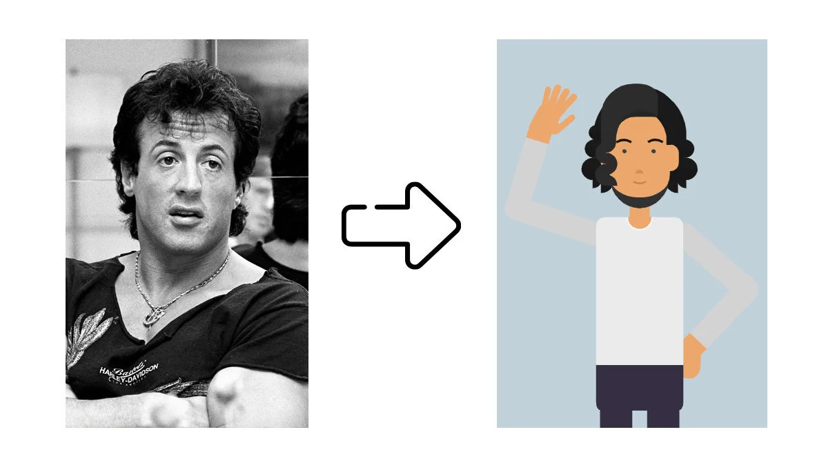 Comparatif d'une photo de Silvester Stallone et du personnage généré à partir de la photo via Vyond Comparatif d'une photo de Silvester Stallone et du personnage généré à partir de la photo via Vyond