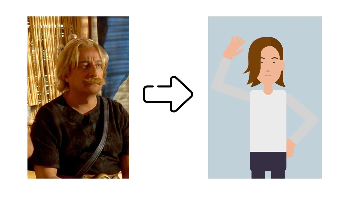Comparatif d'une photo de Christian Clavier en Astérix et du personnage généré à partir de la photo via Vyond Comparatif d'une photo de Christian Clavier en Astérix et du personnage généré à partir de la photo via Vyond