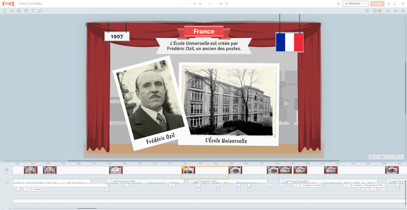 Capture d'écran de l'interface Studio de Vyond présentant Frédéric Ozil, créateur de l'École Universelle Capture d'écran de l'interface Studio de Vyond présentant Frédéric Ozil, créateur de l'École Universelle