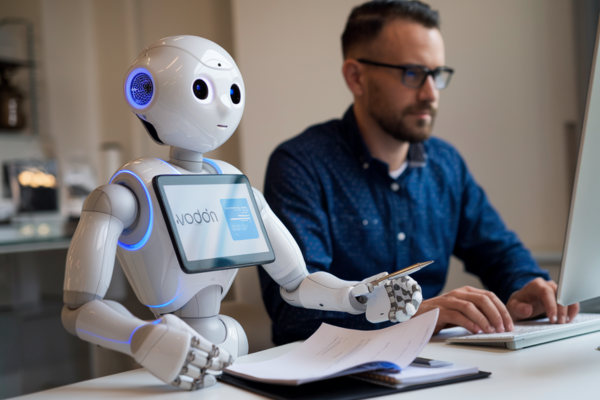 a business owner with his supporting AI robot while doing work. a business owner with his supporting AI robot while doing work.