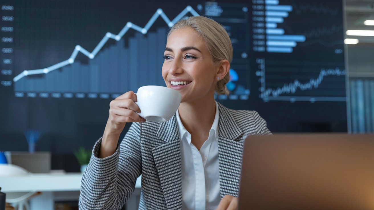 A happy business woman drinking coffee. A happy business woman drinking coffee.