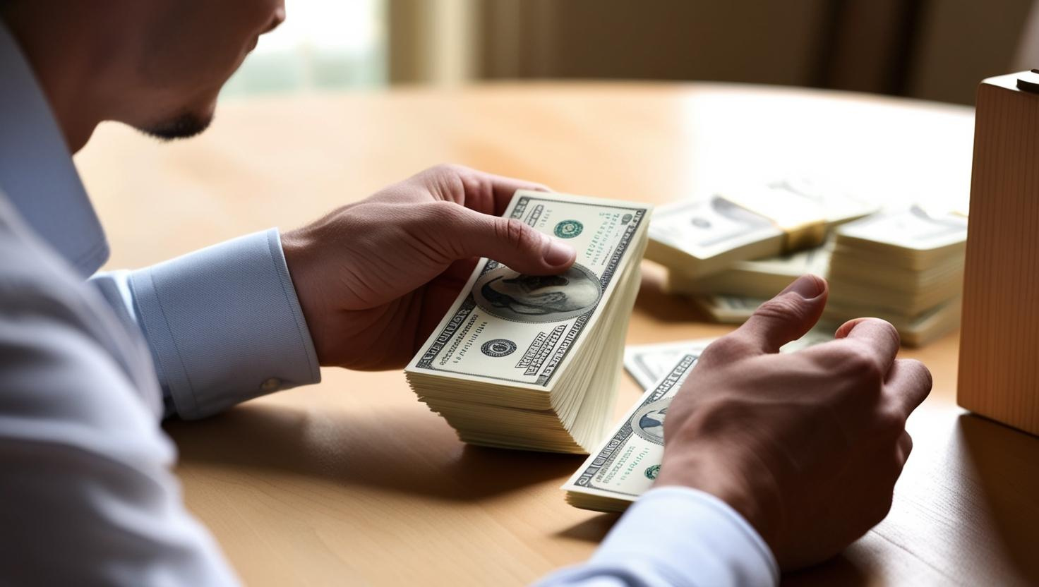 Male hands counting dollar banknotes sitting in room at table. Male hands counting dollar banknotes sitting in room at table.