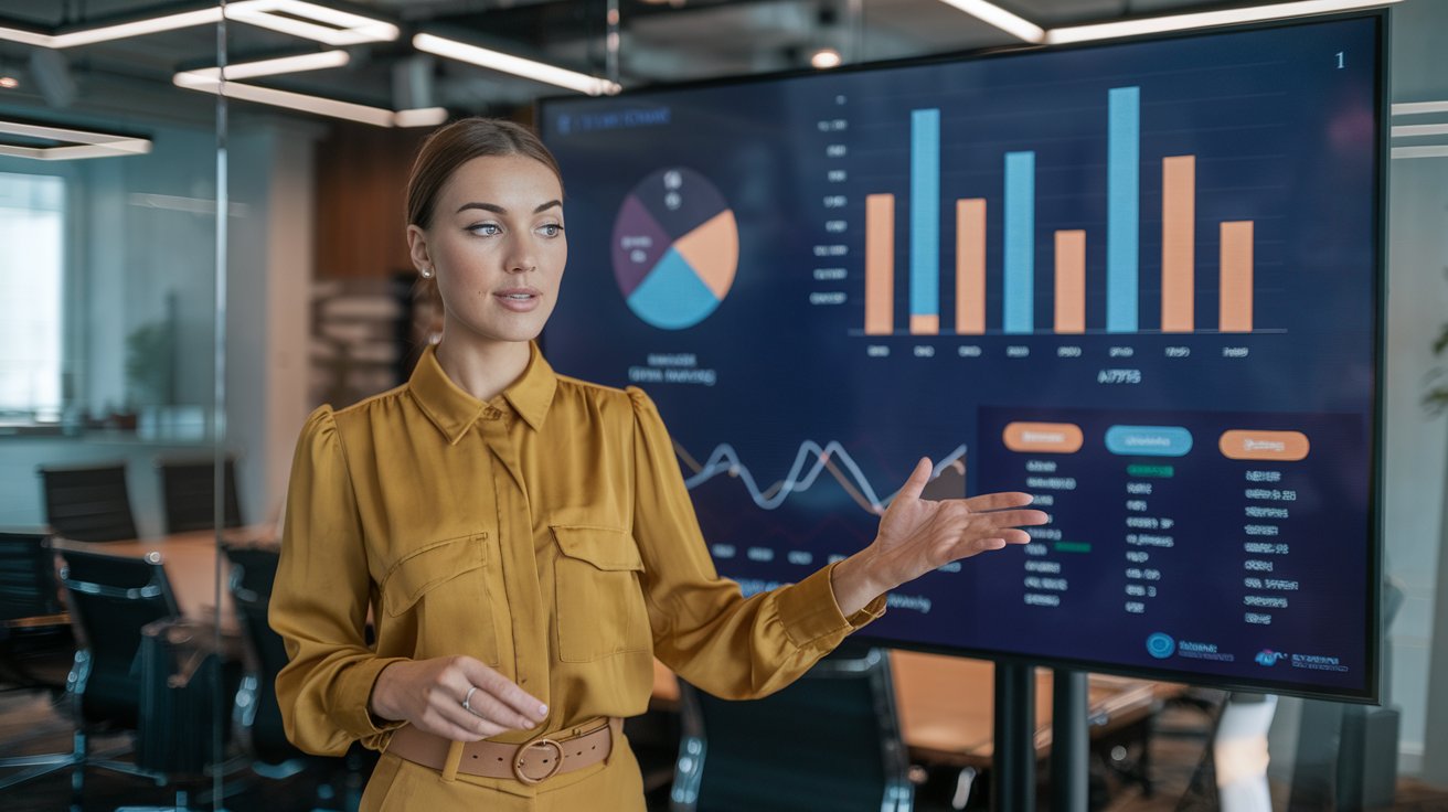 A business woman wearing yellow mustard colored clothes in front of a big screen with business data, explaining to other business owners. A business woman wearing yellow mustard colored clothes in front of a big screen with business data, explaining to other business owners.
