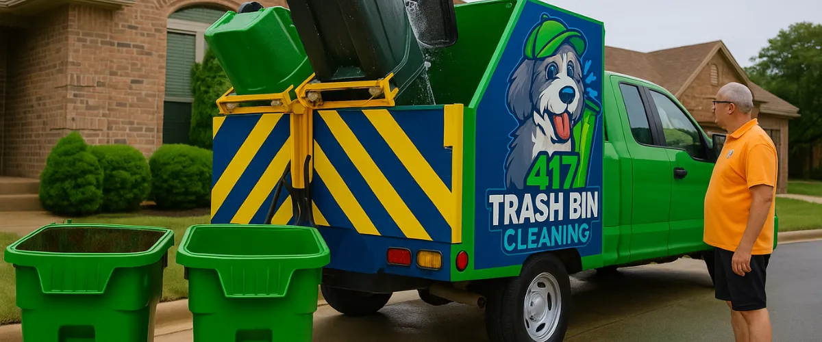Trash bin cleaning service truck with a cartoon dog logo and a customer watching the process.