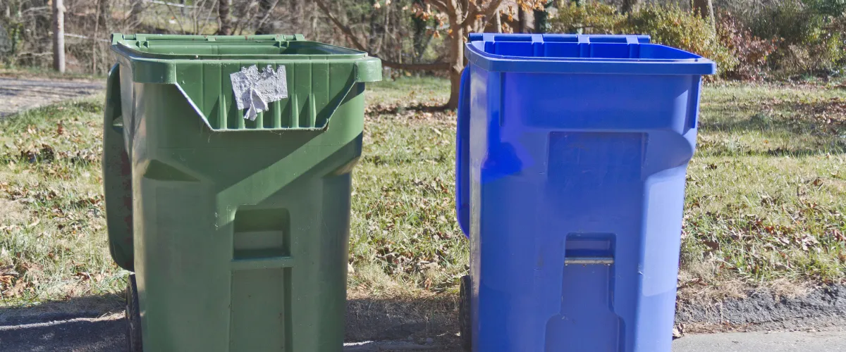 Green and blue trash bins placed on a curb in a residential neighborhood.