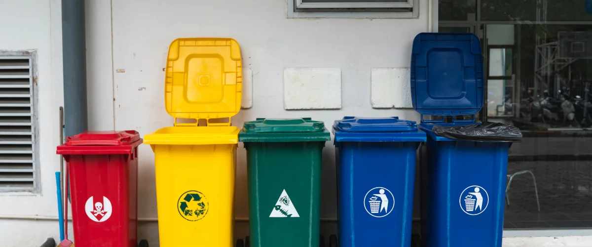 Color-coded recycling and waste bins placed against a wall.