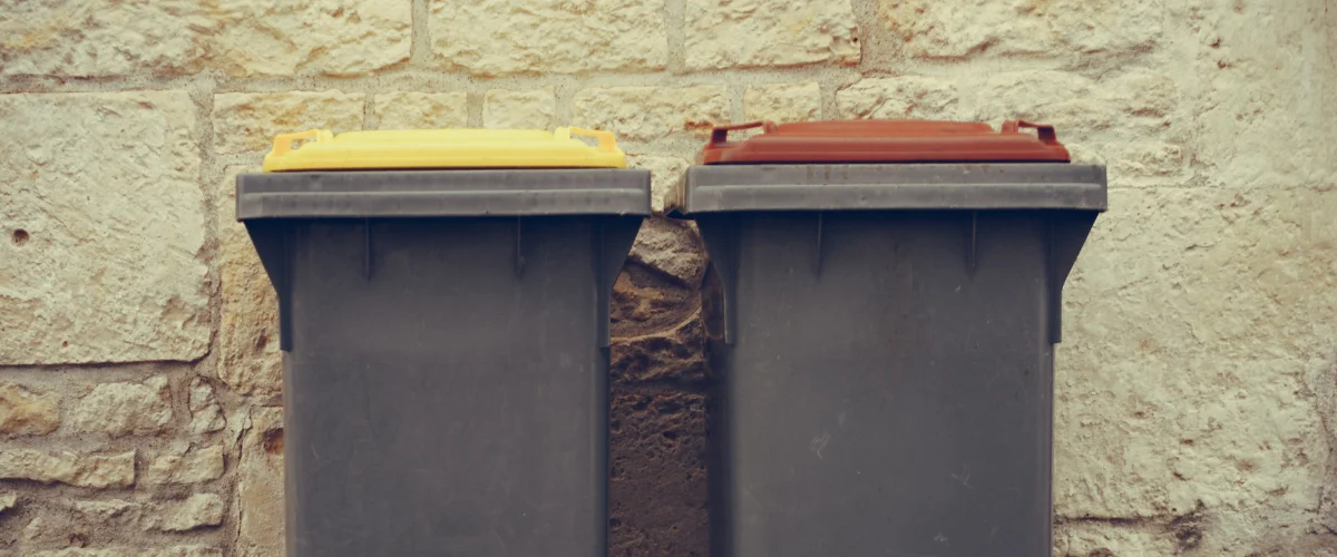 Two residential trash bins standing against a stone wall. Two residential trash bins standing against a stone wall.