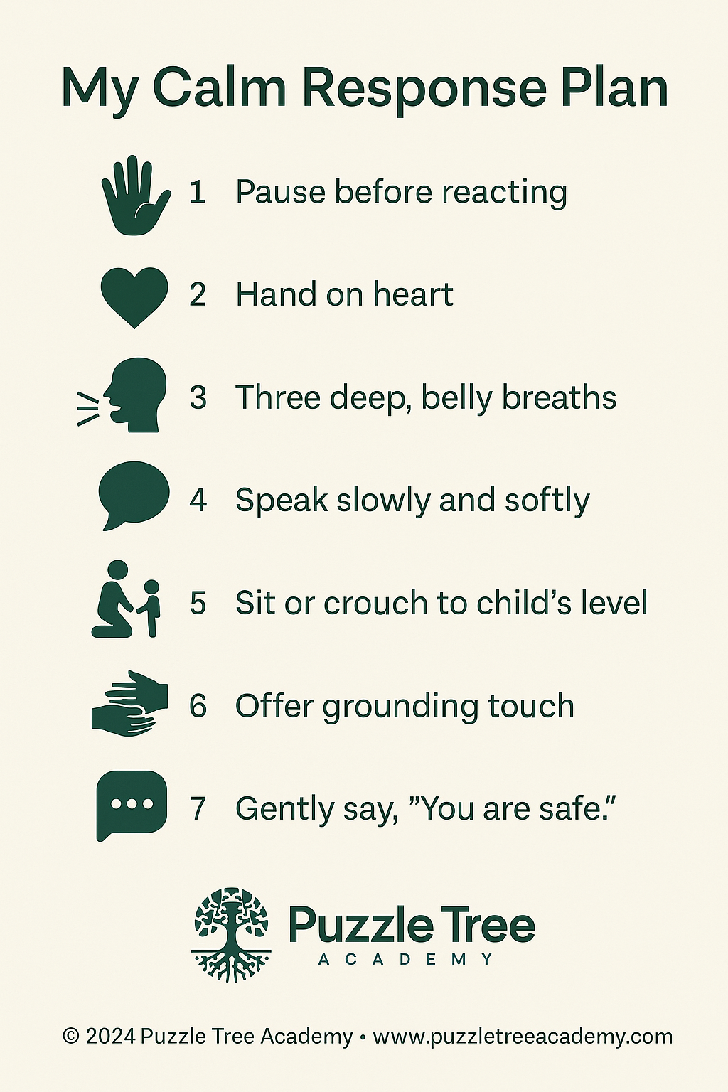 Downloadable visual guide titled 'My Calm Response Plan' featuring 7 gentle co-regulation steps for parents of neurodiverse children. Practical parenting tool for calming and connecting through breath, presence, and nervous system awareness. Downloadable visual guide titled 'My Calm Response Plan' featuring 7 gentle co-regulation steps for parents of neurodiverse children. Practical parenting tool for calming and connecting through breath, presence, and nervous system awareness.