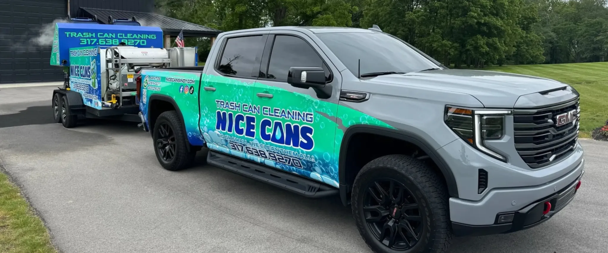 Nice Cans branded truck with attached trailer containing professional trash bin cleaning equipment Nice Cans branded truck with attached trailer containing professional trash bin cleaning equipment