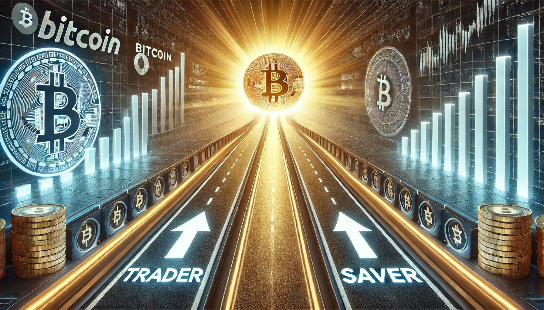 Two roads labeled 'Investor' and 'Saver' leading to a gold Bitcoin coin Two roads labeled 'Investor' and 'Saver' leading to a gold Bitcoin coin