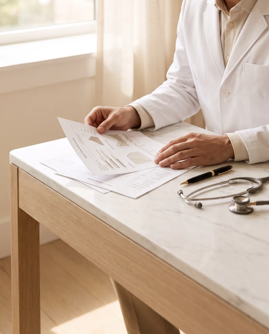 Médico analisando gráfico de composição corporal no consultório