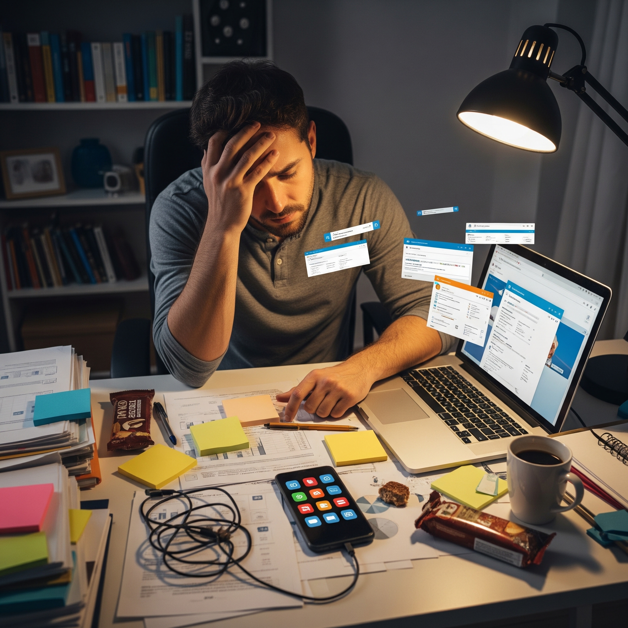 "Overwhelmed business owner surrounded by papers and sticky notes, struggling without a CRM system" "Overwhelmed business owner surrounded by papers and sticky notes, struggling without a CRM system"