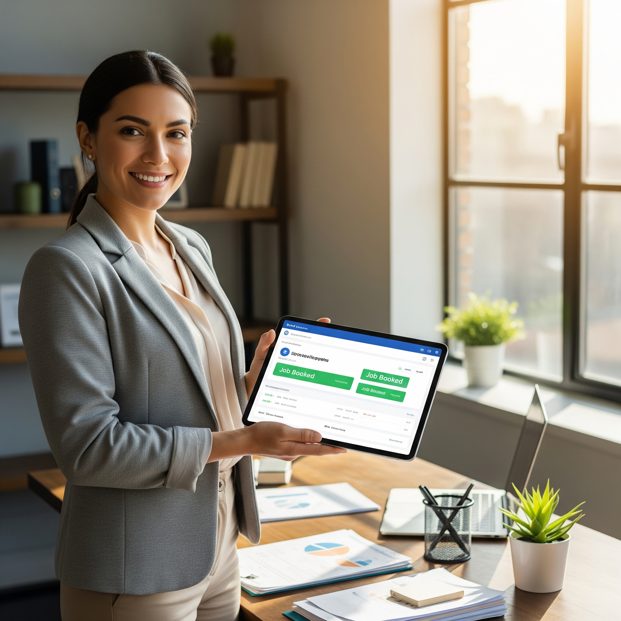 "Confident business owner managing leads effectively with a CRM system" "Confident business owner managing leads effectively with a CRM system"