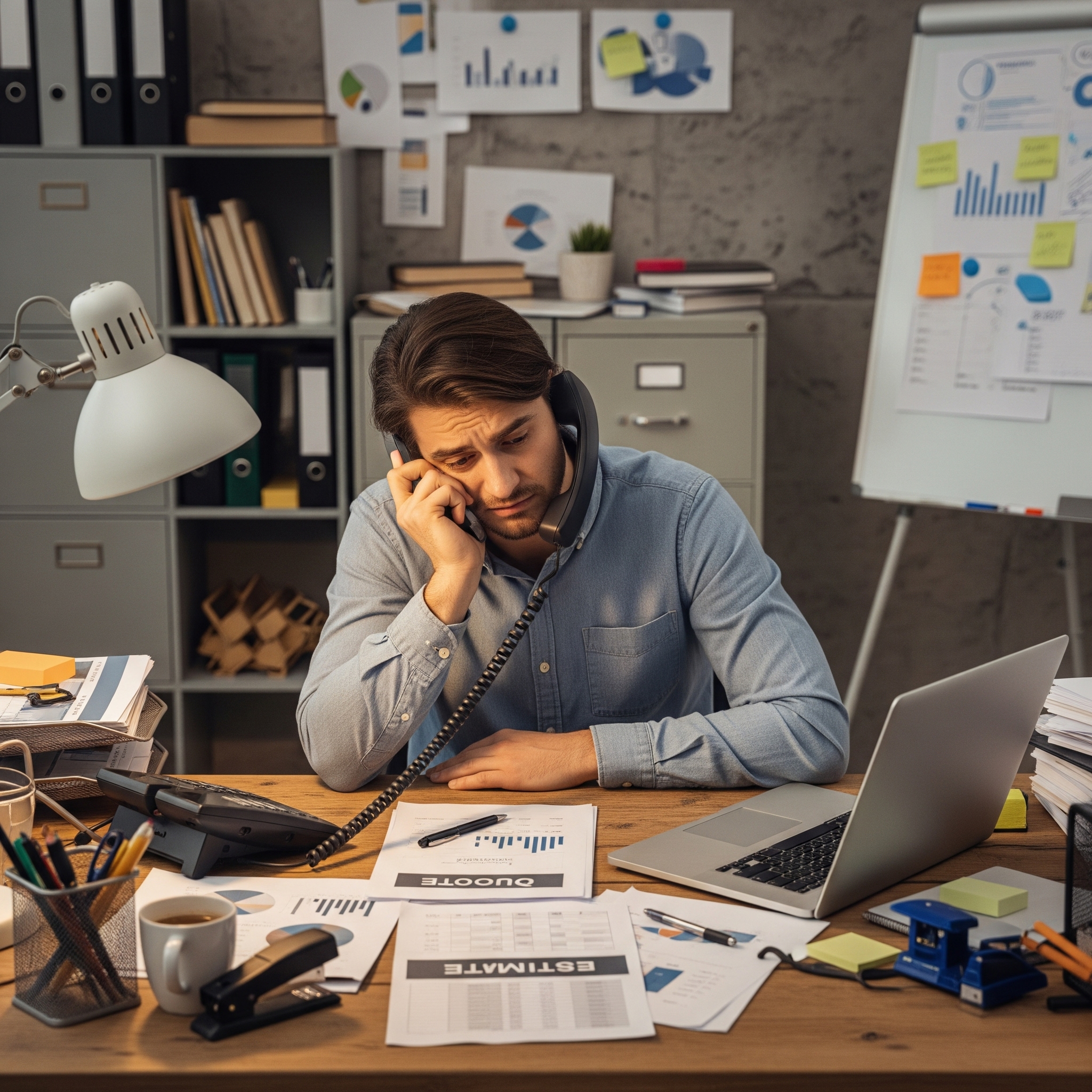 "Frustrated business owner on the phone dealing with an unqualified lead" "Frustrated business owner on the phone dealing with an unqualified lead"