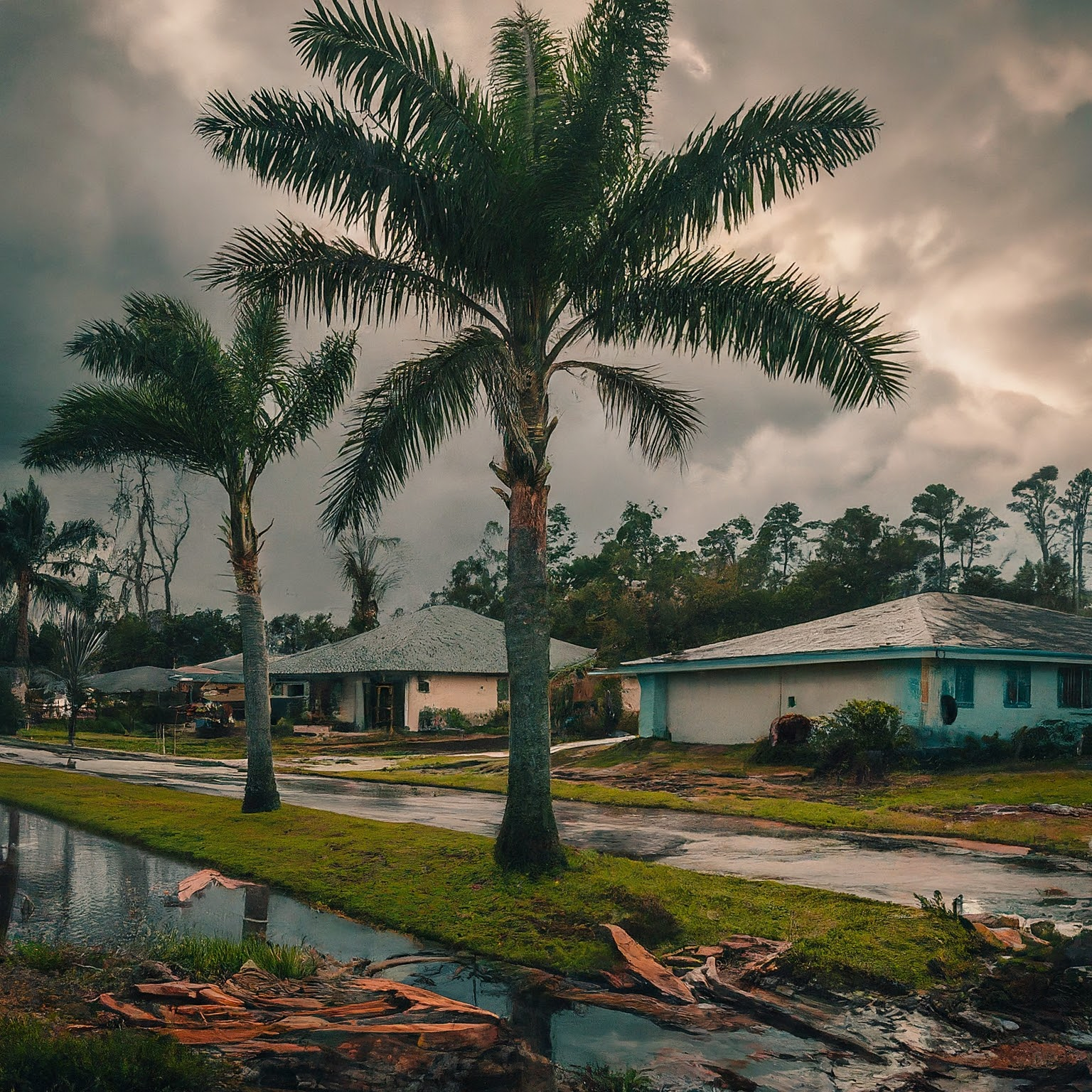 The aftermath of a hurricane in a florida neighborhood with palm trees where displaced renters and homeowners may benefit from an FHA 203h loan. The aftermath of a hurricane in a florida neighborhood with palm trees where displaced renters and homeowners may benefit from an FHA 203h loan.