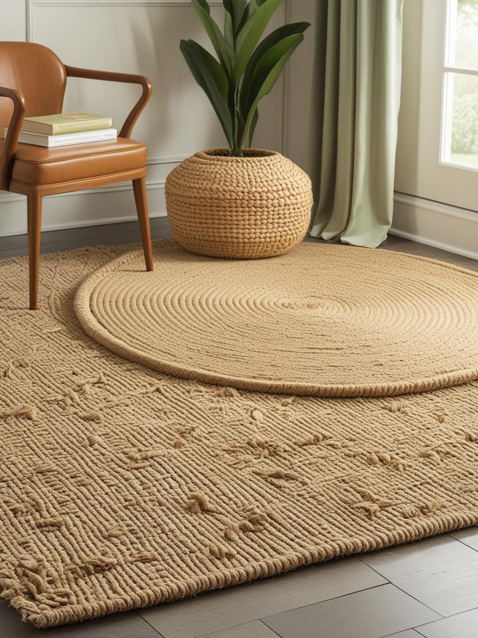 Tan wool rug layered over a natural jute rug under a wood coffee table with a rattan tray Tan wool rug layered over a natural jute rug under a wood coffee table with a rattan tray