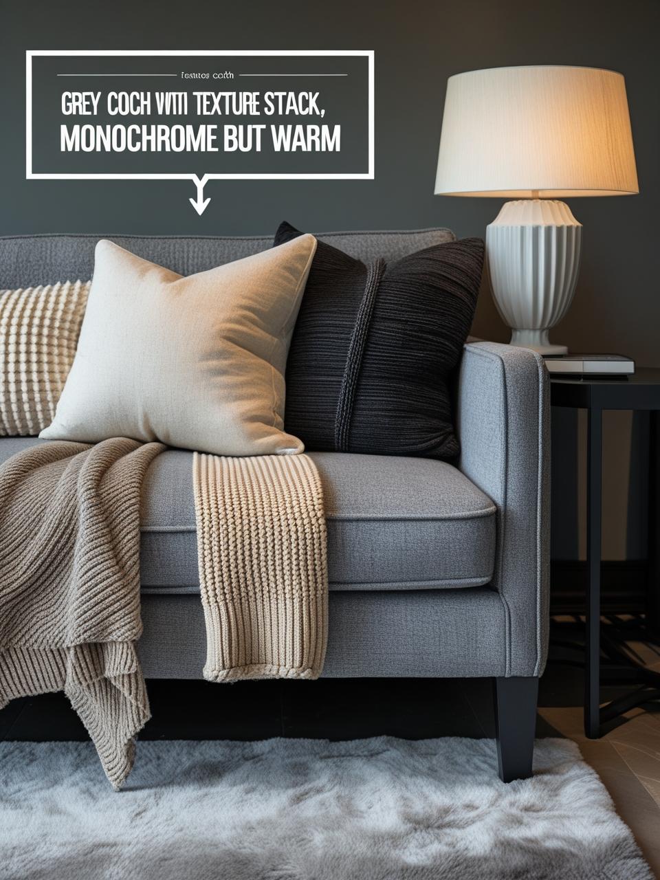Monochrome Grey Couch Styling with Bouclé and Linen Textures