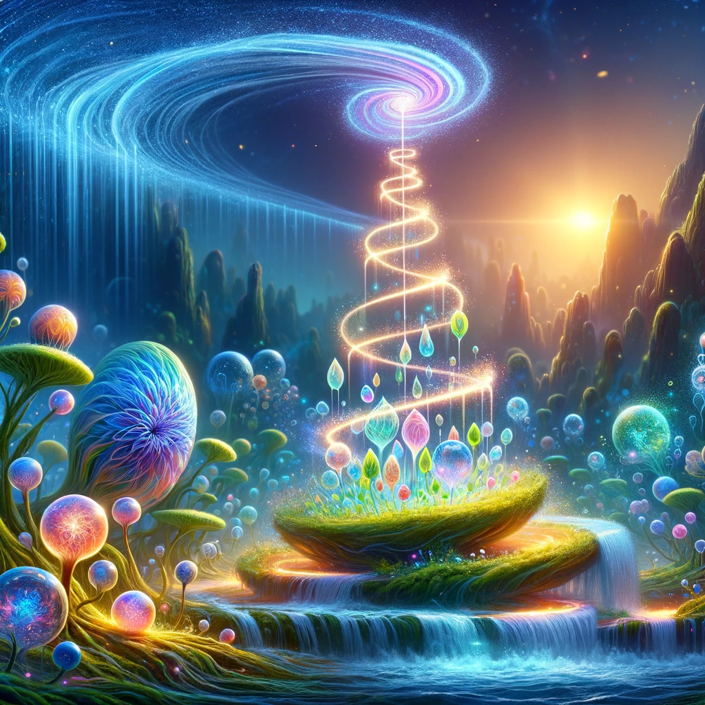 Digital illustration of a magical garden with plants representing cells being nourished by spiraling streams of radiant structured water, highlighting the transformative power of hydration on cellular health.