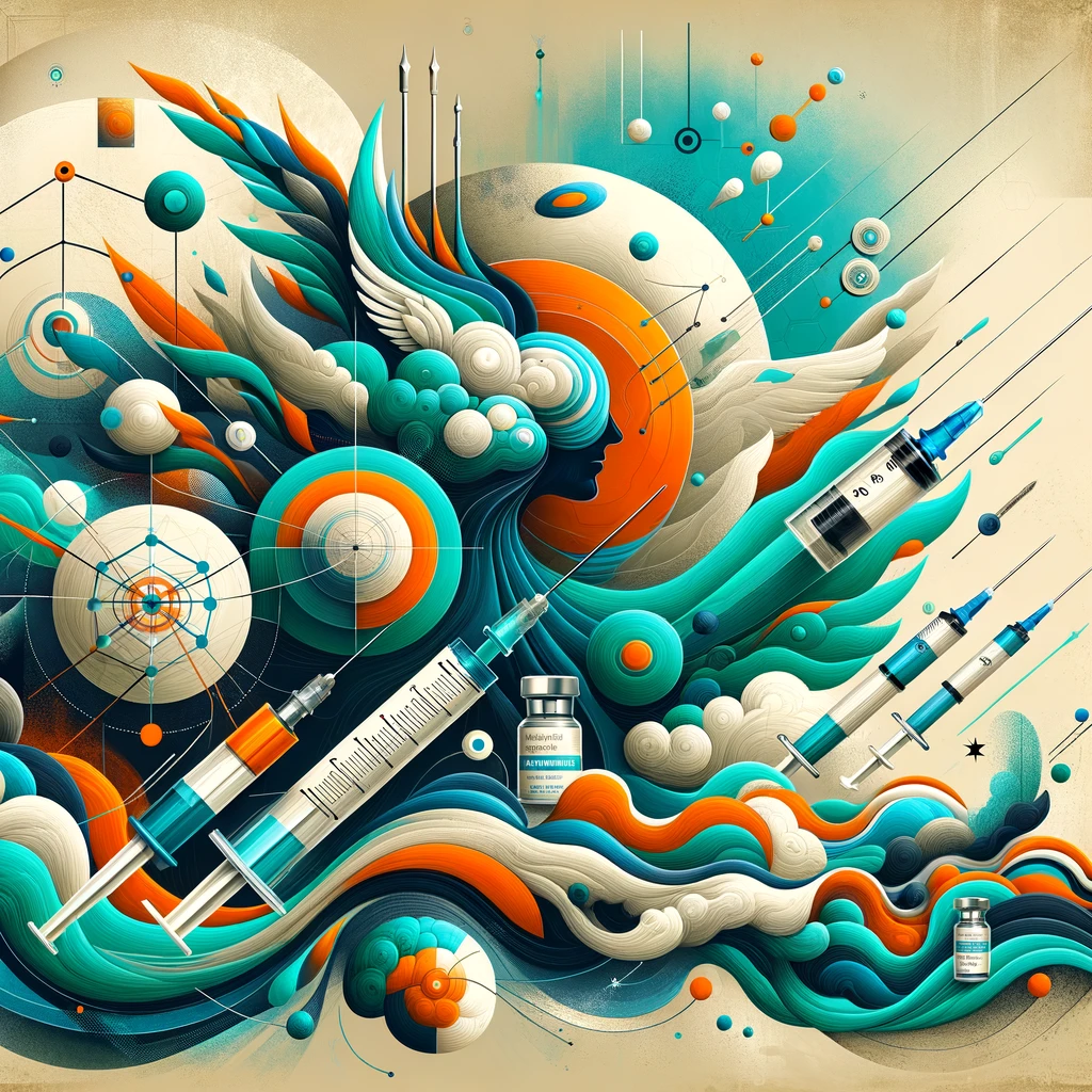 Abstract art-infused infographic depicting peptide therapy evolution, showcasing aqua and orange tones to symbolize the journey from needle apprehension to seasoned use and the efficacy of nasal spray peptides for cognitive enhancement.