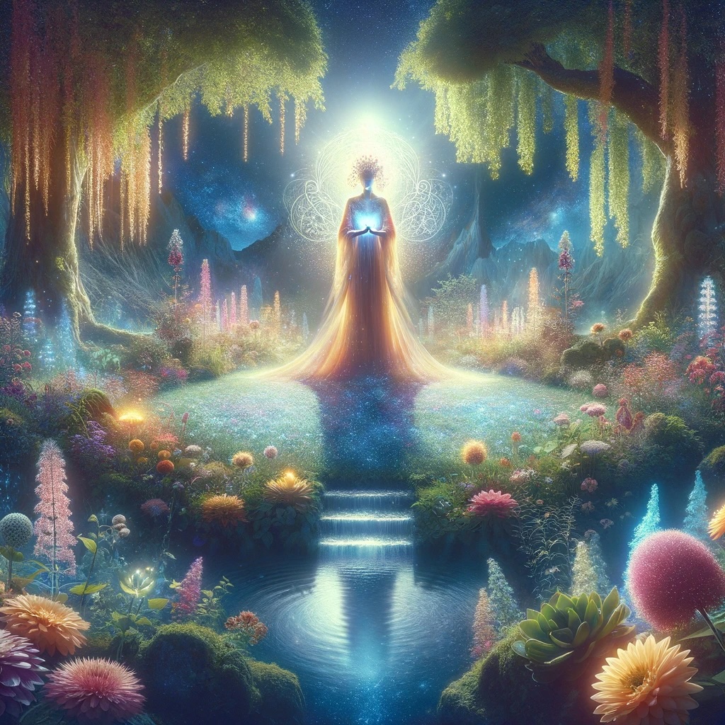 A mystical, radiant figure representing the divine feminine stands in the center of an enchanted garden, with lush, colorful flora and mystical light effects, symbolizing receptivity and harmony with nature.