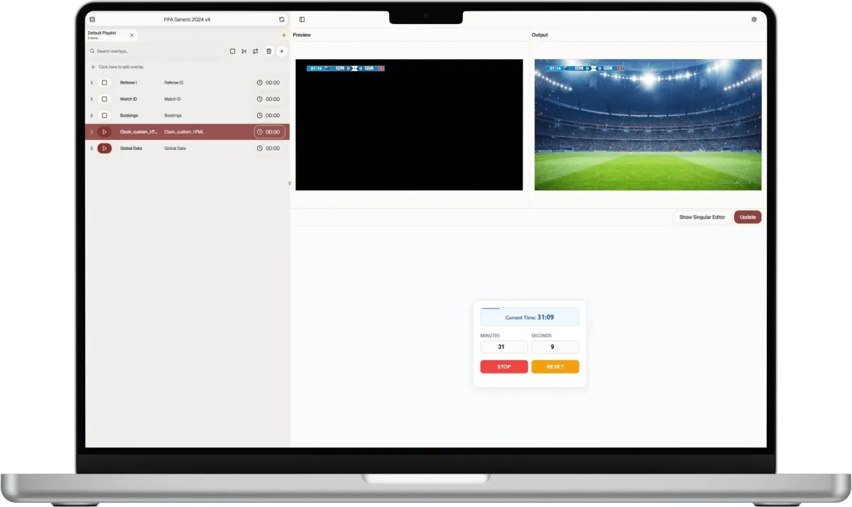 Custom control panel for live sports production built in Singular.live, featuring real-time graphics triggers and personalized operator interface.