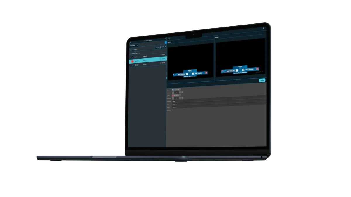 Playlist-based control application interface built with Singular.live, showing unified sports broadcast graphics management including clocks, score bugs, and overlays.