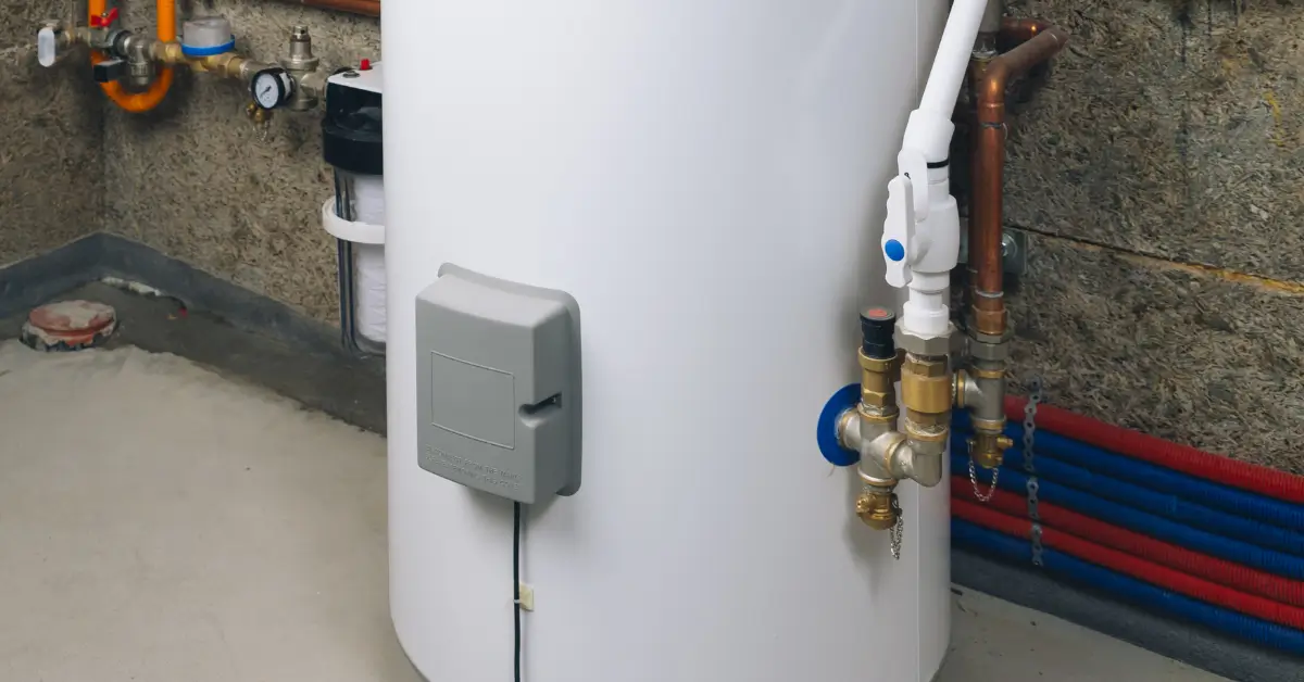 A white water heater is installed in a utility room, connected to copper pipes, valves, and insulated hoses with red and blue coverings for hot and cold water. A white water heater is installed in a utility room, connected to copper pipes, valves, and insulated hoses with red and blue coverings for hot and cold water.