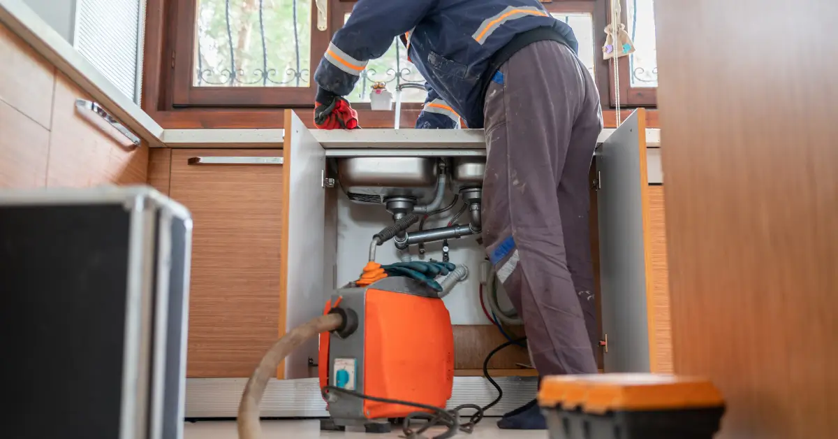 A plumber wearing work gloves and uniform uses professional equipment to unclog or clean the pipes under a kitchen sink, with cabinet doors open and tools visible around the work area.