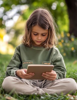 Young child sitting cross-legged on grass outdoors while focused on a digital tablet, symbolising screen time in nature settings and the importance of balanced device use for children’s wellbeing. Young child sitting cross-legged on grass outdoors while focused on a digital tablet, symbolising screen time in nature settings and the importance of balanced device use for children’s wellbeing.