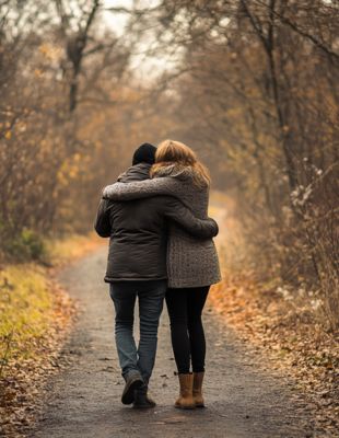 Couple walking through autumn forest, embracing each other—symbolising emotional support, grief counselling, and healing at The Mind Space in Johannesburg. Couple walking through autumn forest, embracing each other—symbolising emotional support, grief counselling, and healing at The Mind Space in Johannesburg.