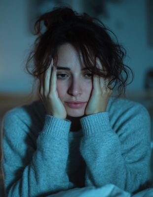 Tired woman sitting awake at night holding her face, showing the effects of anxiety, insomnia, and emotional overwhelm — highlighting the need for stress counselling in Gauteng