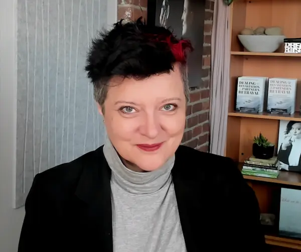 Vanessa Cardenas on a virtual video call, providing online relationship coaching and betrayal recovery support