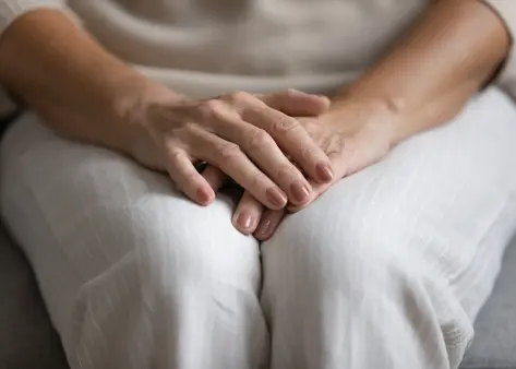 Woman in her 50s with hands resting in her lap (anonymized case study image)