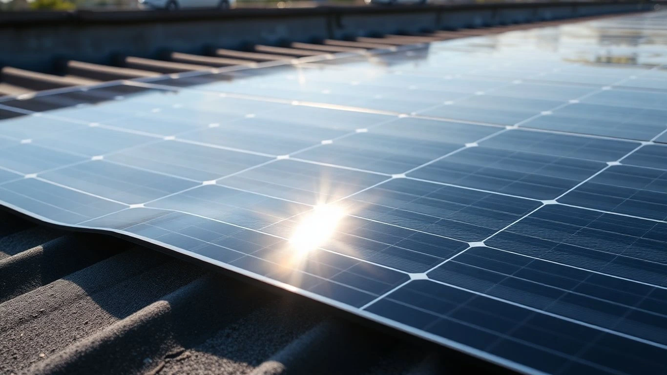 Thin-film solar panels on an Edinburgh rooftop. 