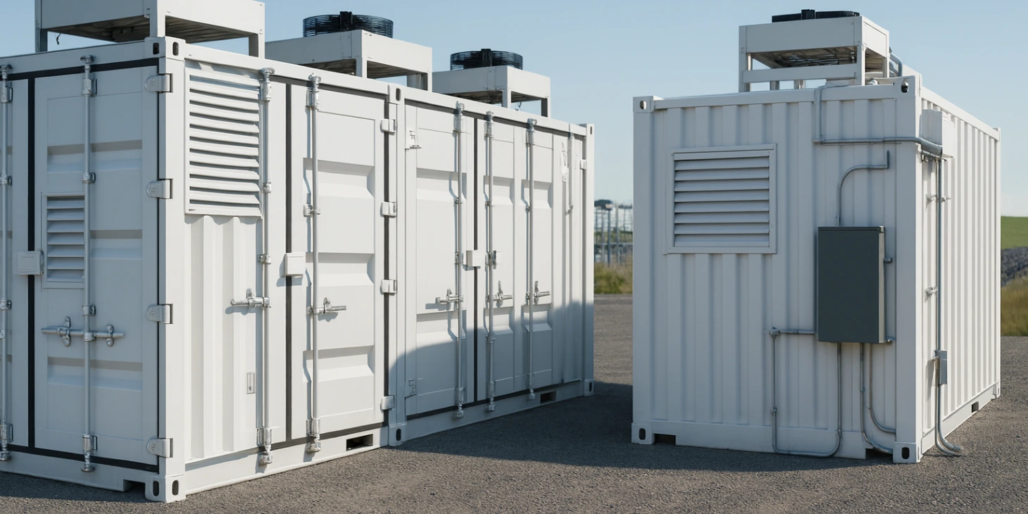 Flow Solar Batteries, with pipes leading underground, outside an industrial complex Flow Solar Batteries, with pipes leading underground, outside an industrial complex