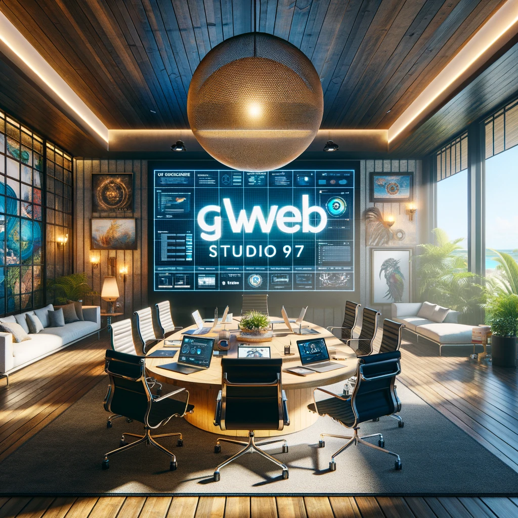 Salle de réunion élégante et moderne avec le logo de Gweb Studio 97 affiché sur un écran numérique, symbolisant un mélange parfait de créativité et d'innovation numérique.
