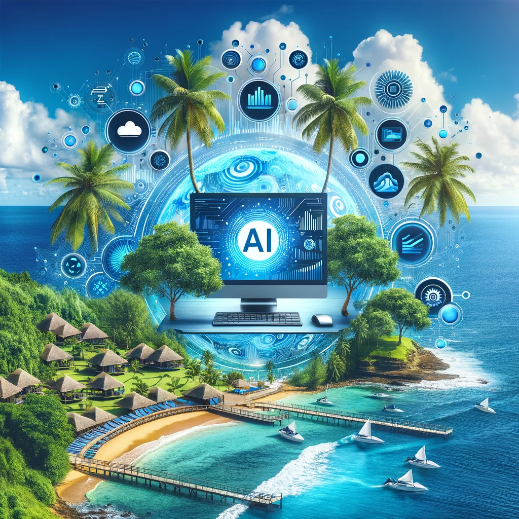 symbolise la convergence des stratégies avancées de marketing numérique et de l'intelligence artificielle, le tout dans le cadre luxuriant et tropical de la Guadeloupe. L'image intègre un appareil numérique affichant des analyses IA, entouré d'éléments emblématiques de la Guadeloupe comme des palmiers, des plages et l'océan. Cette image vise à refléter une fusion harmonieuse entre technologie et nature, mettant en avant l'emplacement unique de Gweb97.
