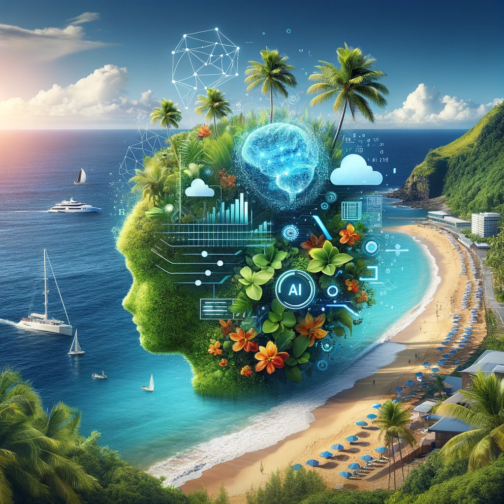 llustrer la fusion entre les stratégies de marketing numérique axées sur l'IA et la beauté tropicale de la Guadeloupe. Cette image montre de manière créative comment les éléments technologiques, tels que les algorithmes d'IA ou les graphiques numériques, se mêlent aux caractéristiques naturelles de la Guadeloupe, comme les plages, les eaux bleues claires et la végétation luxuriante. Cette fusion symbolise l'application des stratégies de marketing modernes dans de magnifiques lieux tropicaux, mettant en lumière l'esprit innovant d'entreprises telles que GWeb Studio 97.