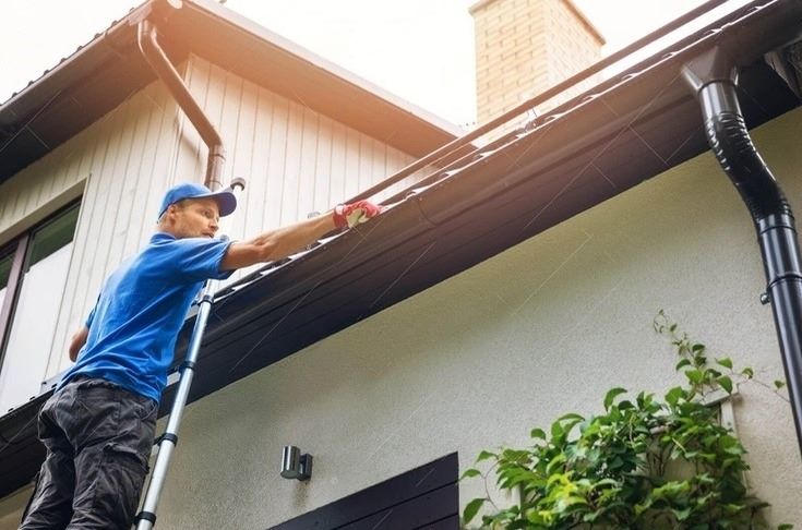 a gutter cleaner on a ladder