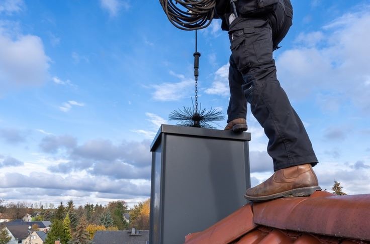 a chimney sweeper standing on a roof