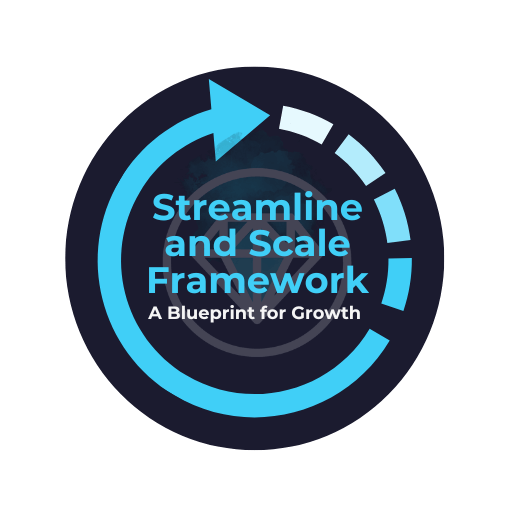 Round circle with "Streamline and Scale" A framework for growth and a graduated arrow circling to t he right Round circle with "Streamline and Scale" A framework for growth and a graduated arrow circling to t he right