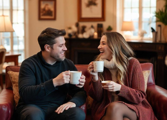 couple enjoying a cozy tea session couple enjoying a cozy tea session