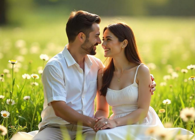 couple sitting together in a lush green field couple sitting together in a lush green field
