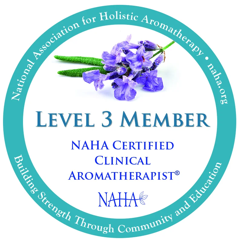 NAHA Level 3 Certified Clinical Aromatherapist badge with lavender flower design and official certification. NAHA Level 3 Certified Clinical Aromatherapist badge with lavender flower design and official certification.